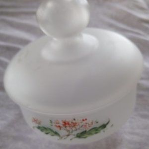 Vintage White Satin Hand Painted Floral Glass Vanity Jar With Lid